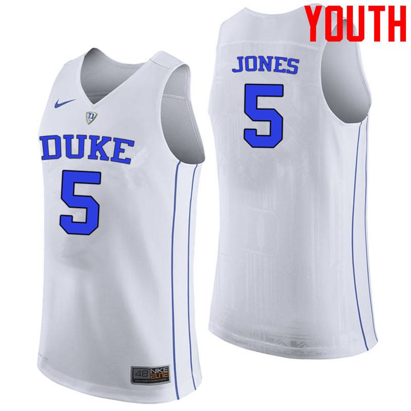 Youth #5 Tyus Jones Duke Blue Devils College Basketball Jerseys-White
